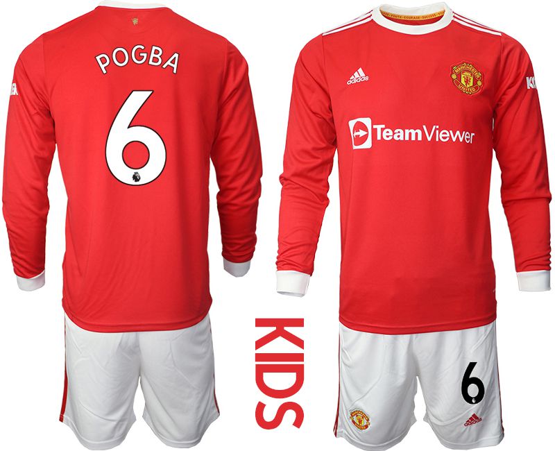 Youth 2021-2022 Club Manchester united home red Long Sleeve #6 Soccer Jersey->youth soccer jersey->Youth Jersey